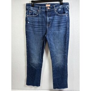 MOTHER The Rascal Skimp Jeans 31 Distressed Cropped Raw Hem Straight Leg Blue